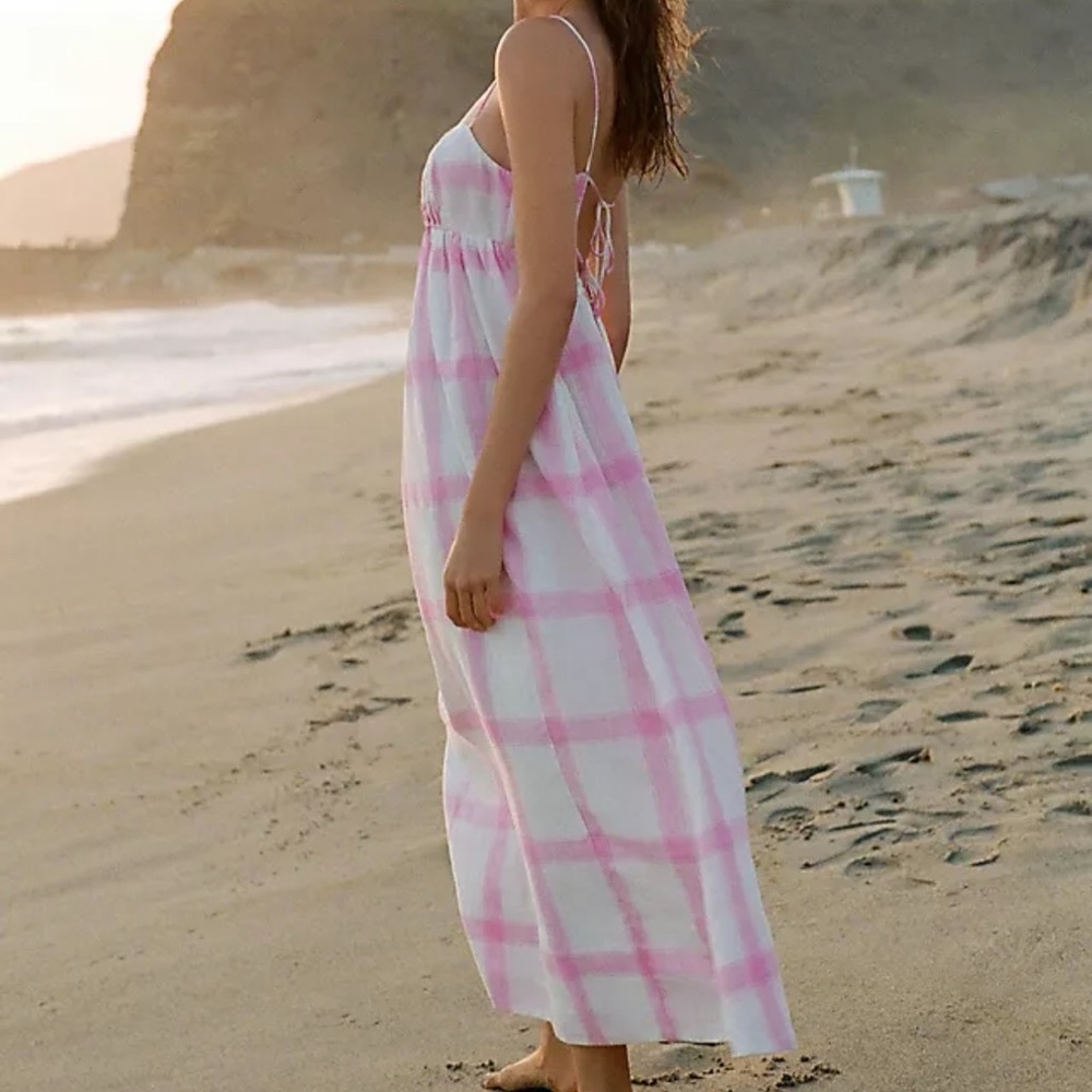 Anthropolgie Maeve Pink and White Plaid Maxi Dress